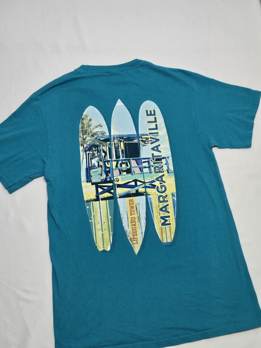 Margaritaville Teal Short-Sleeve Shirt with Surfboard Back Graphic